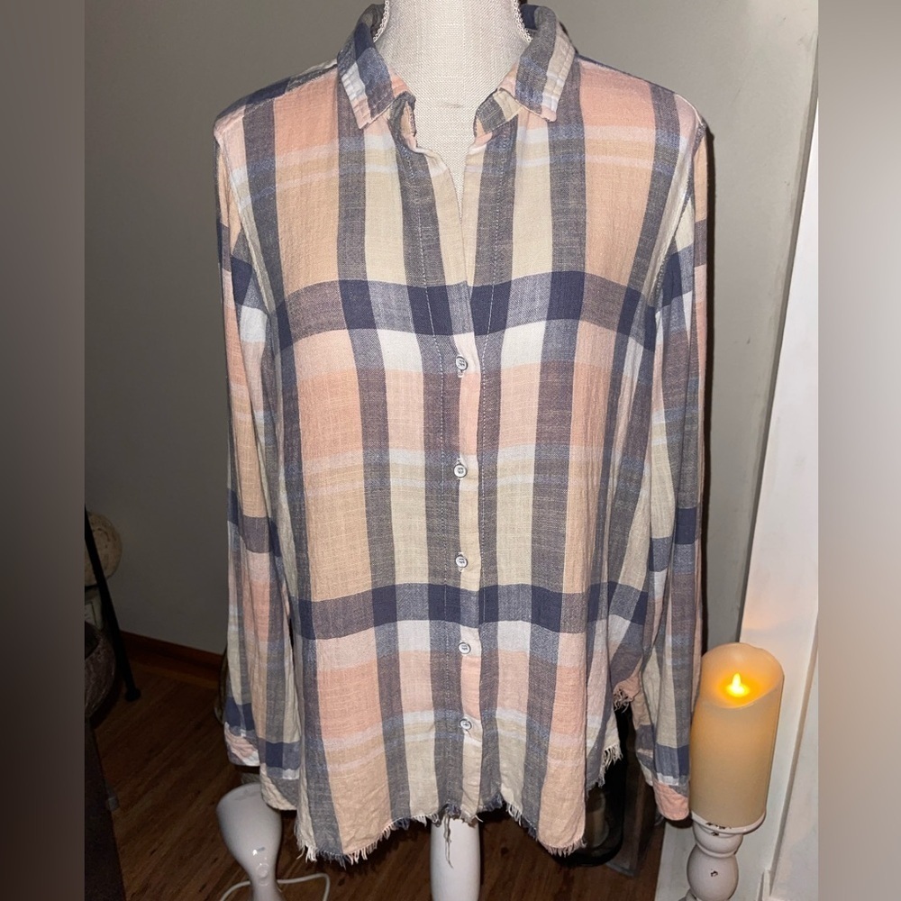Bella Dahl Linen Blend Pink Plaid Fringed Shirt Women's size M CUTE and COMFY🩷